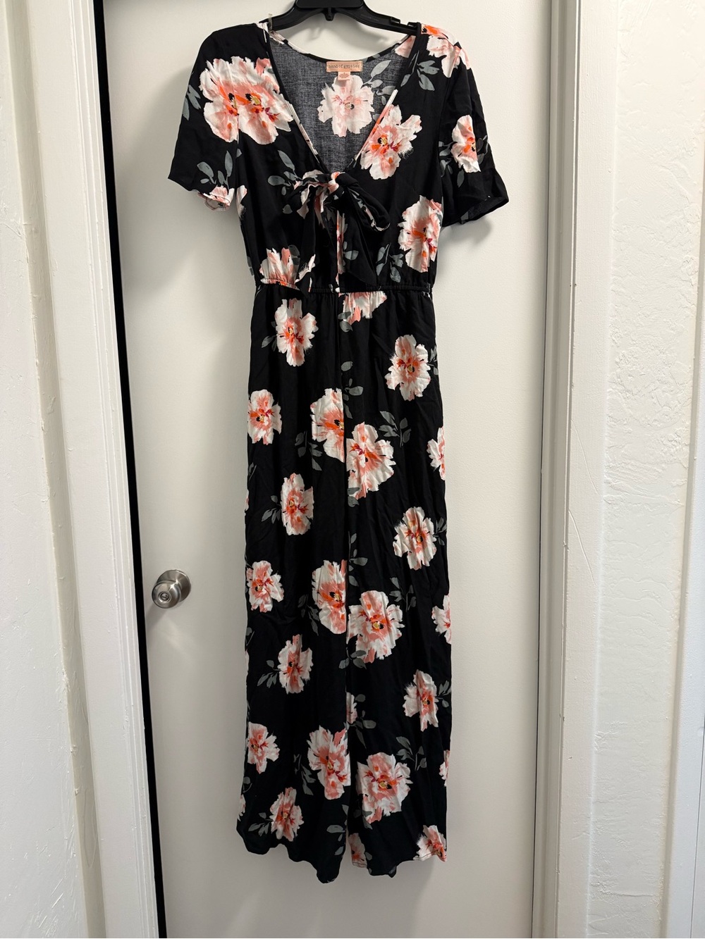 Floral Tie-Front Black jumpsuit with Pink Bloom